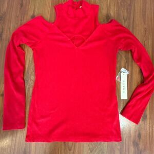 NWT Cyrus red ribbed cold shoulder shoulder cut out long sleeve knit top Christm